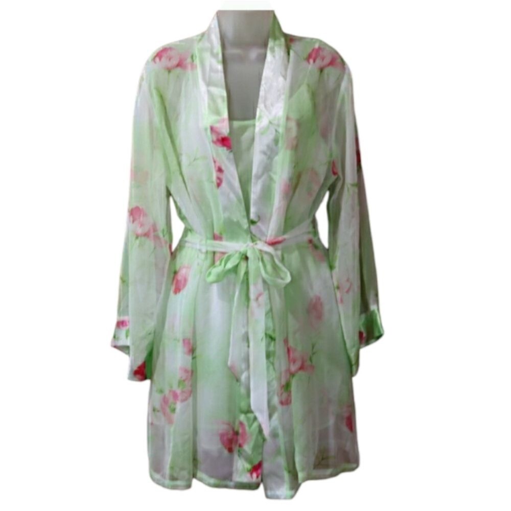 Jones New York Pink and Green Vintage Floral 90s Whimsical Robe & Slip Set L/XL